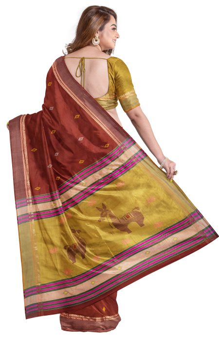 Handwoven Bishnupuri Silk Saree - Brown - Image 2
