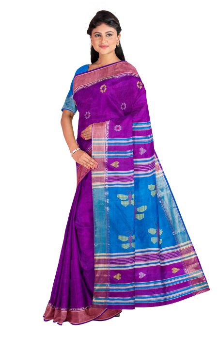 Handwoven Bishnupuri Silk Saree - Purple - Image 3