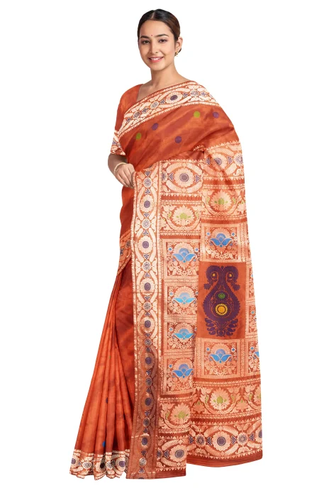 Baluchari Silk Saree - Orange - Image 3