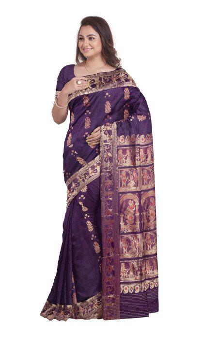 Baluchari Silk Saree with Jori Mina Work - Purple - Image 2