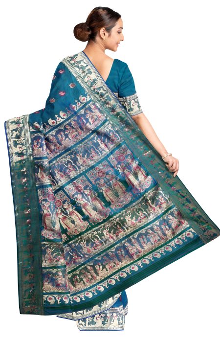 Swarnachari Silk Saree with Mina Work - Peacock Green - Image 2