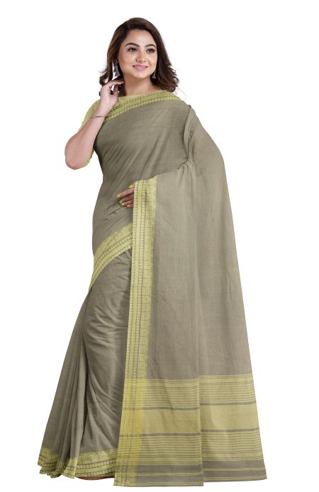 Handwoven Dhaniakhali Cotton Saree - Moss Green - Image 3