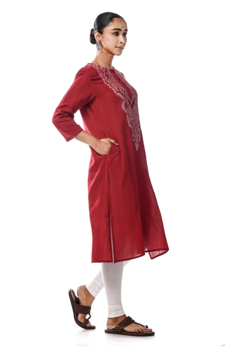 Cotton Jamdani Kameez - Maroon - Image 2