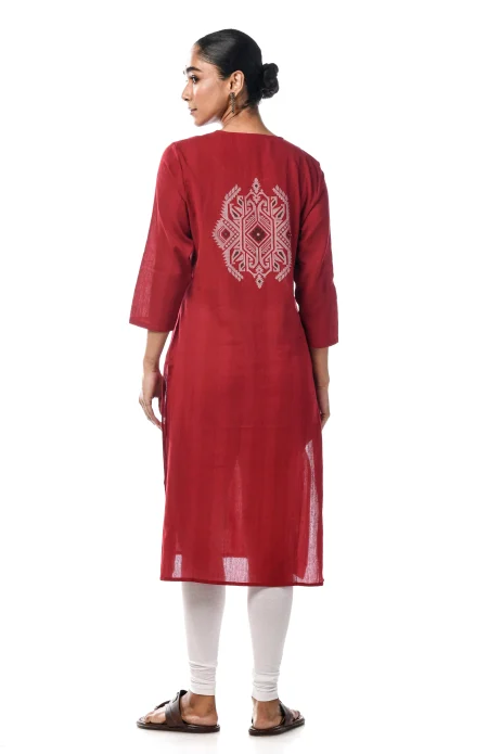 Cotton Jamdani Kameez - Maroon - Image 4