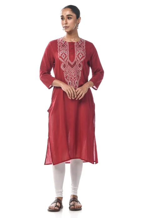 Cotton Jamdani Kameez - Maroon - Image 3
