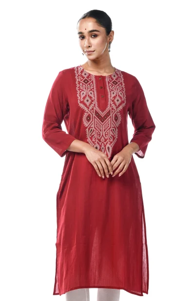 Cotton Jamdani Kameez - Maroon