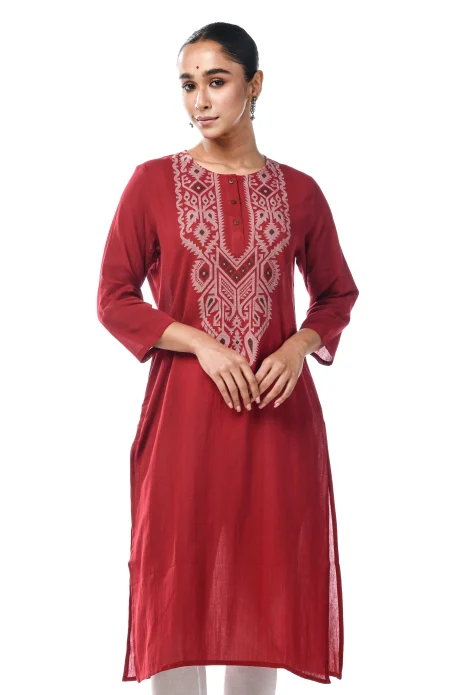Cotton Jamdani Kameez - Maroon