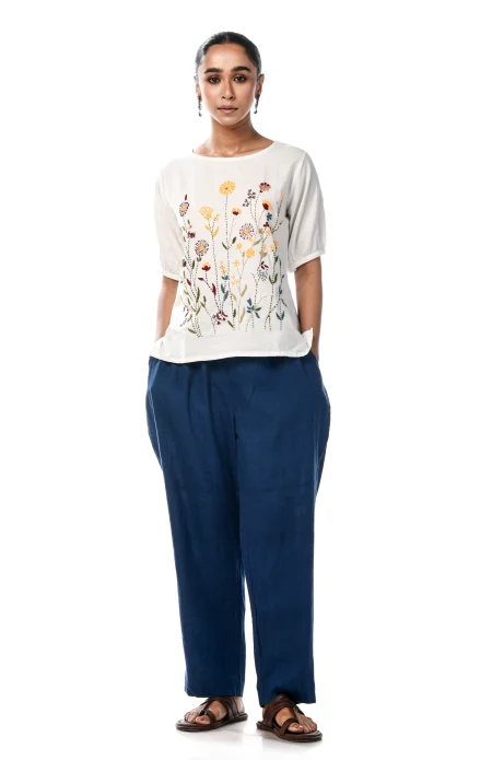 Cotton Sleeve Embroidered Top  - White - Image 3