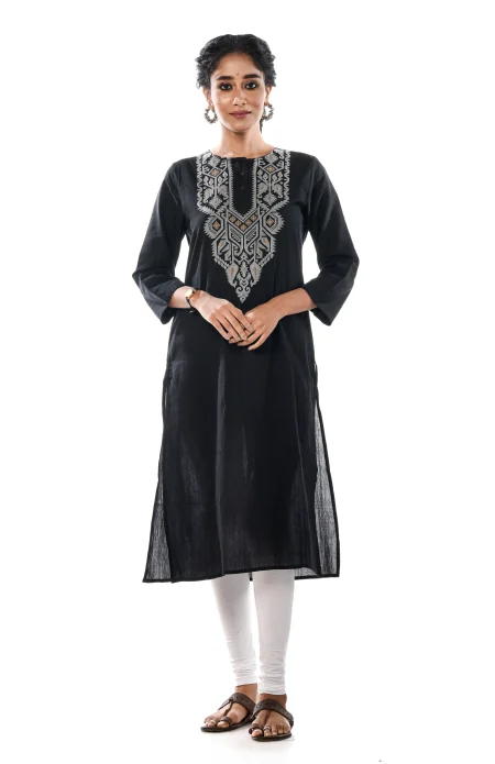 Cotton Jamdani Kameez - Black - Image 2