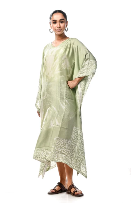 Batik Printed Silk Excel Kaftan  - Green - Image 2