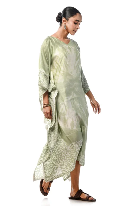 Batik Printed Silk Excel Kaftan  - Green - Image 3