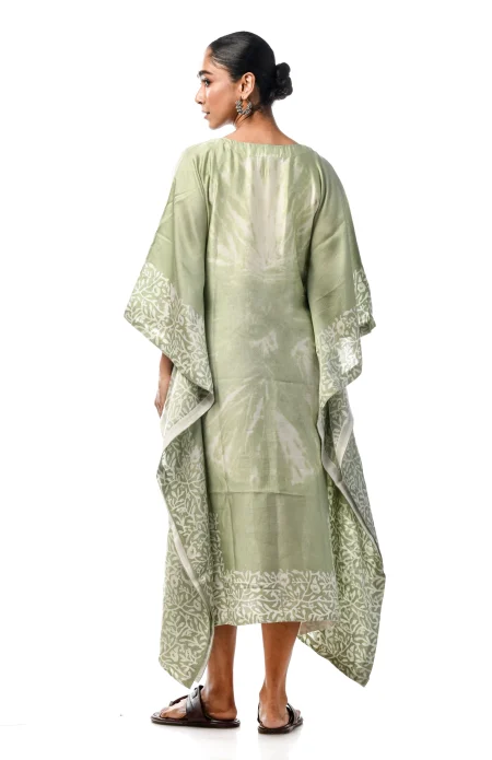 Batik Printed Silk Excel Kaftan  - Green - Image 4