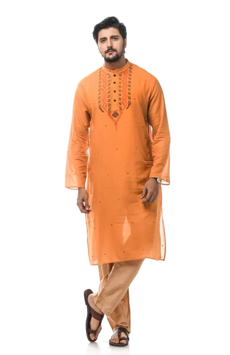 Cotton Jamdani Kurta - Yellowish Orange - Image 3