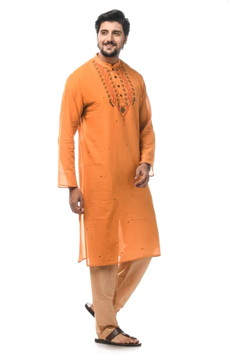 Cotton Jamdani Kurta - Yellowish Orange - Image 2