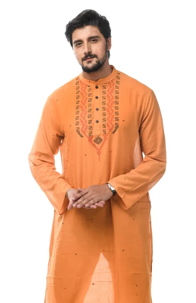 Cotton Jamdani Kurta - Yellowish Orange