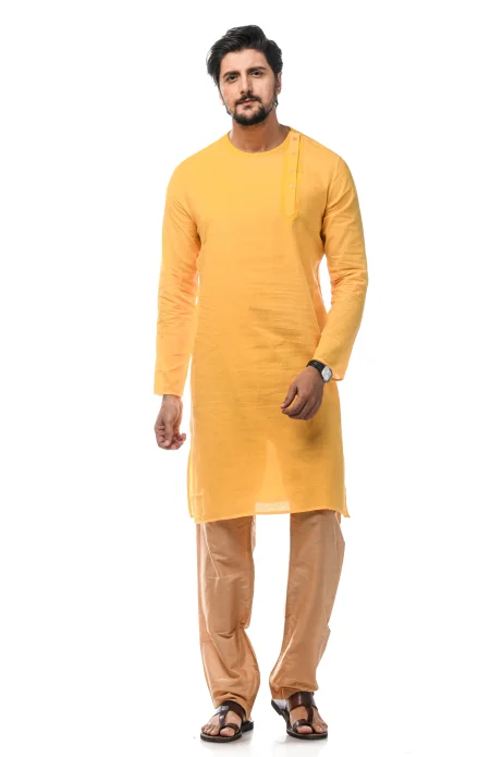 Side Embroidered Cotton Kurta - Yellow - Image 3