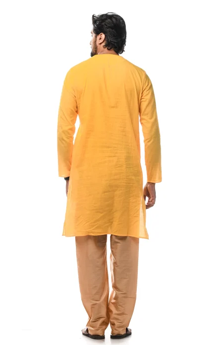 Side Embroidered Cotton Kurta - Yellow - Image 4