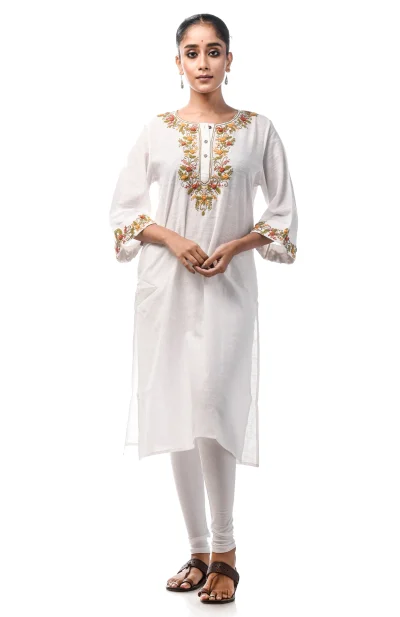 Slub Embroidered Kameez - White