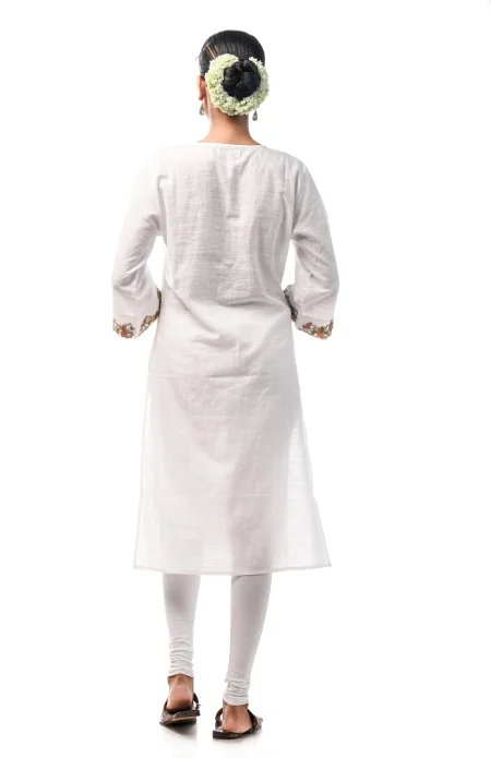 Slub Embroidered Kameez - White - Image 4