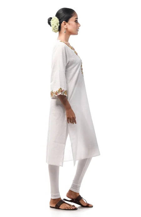 Slub Embroidered Kameez - White - Image 3