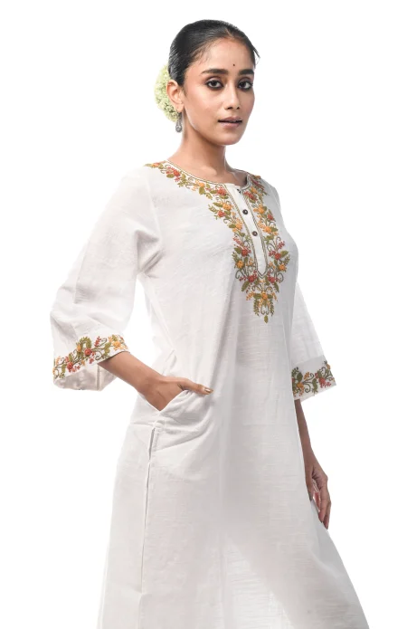 Slub Embroidered Kameez - White - Image 2