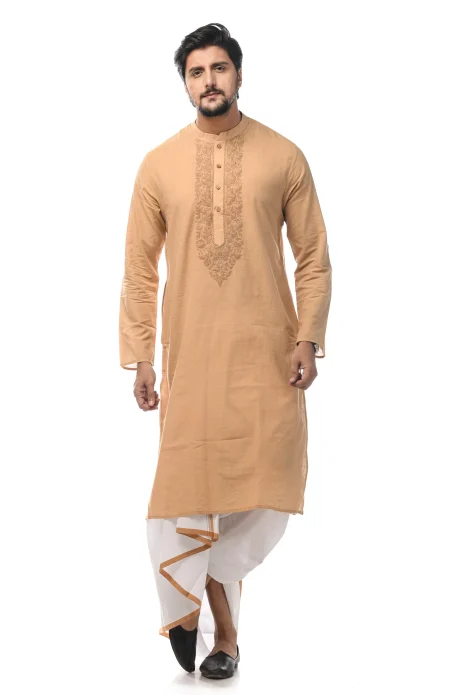 Slub Embroidered Cotton Kurta - Beige - Image 4