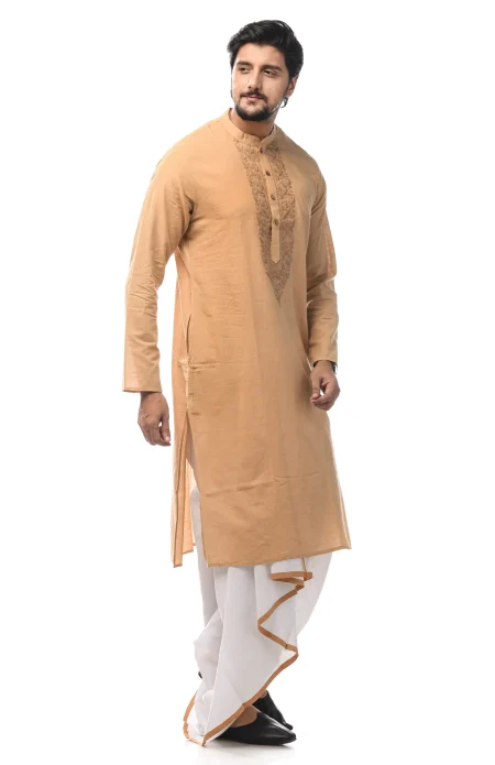 Slub Embroidered Cotton Kurta - Beige - Image 3