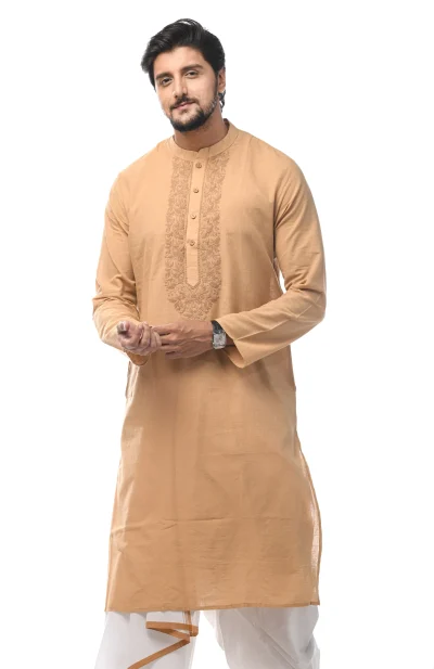 Slub Embroidered Cotton Kurta - Beige
