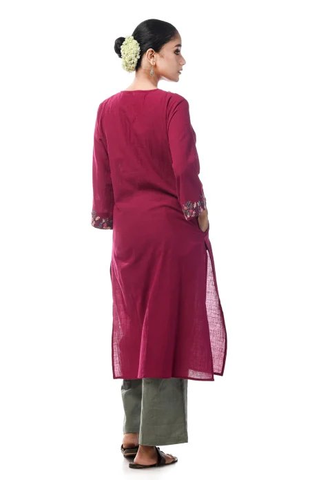 Slub Embroidered Kameez - Magenta - Image 4