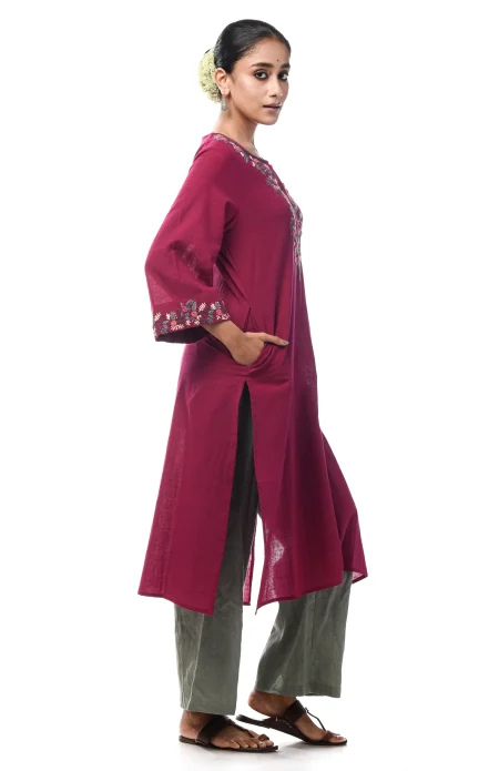 Slub Embroidered Kameez - Magenta - Image 3