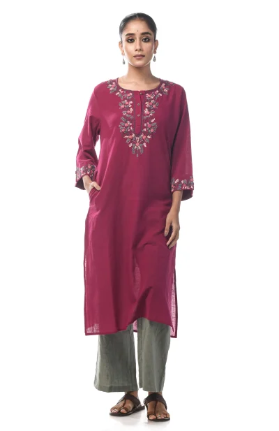 Slub Embroidered Kameez - Magenta
