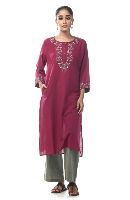 Slub Embroidered Kameez - Magenta