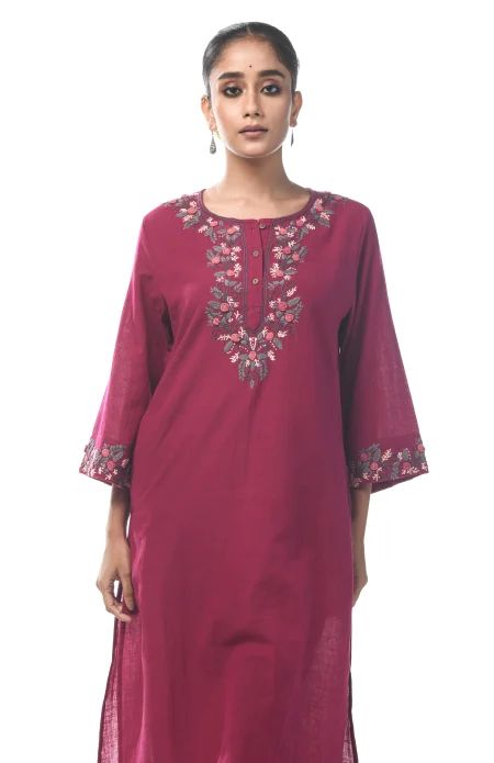 Slub Embroidered Kameez - Magenta - Image 2