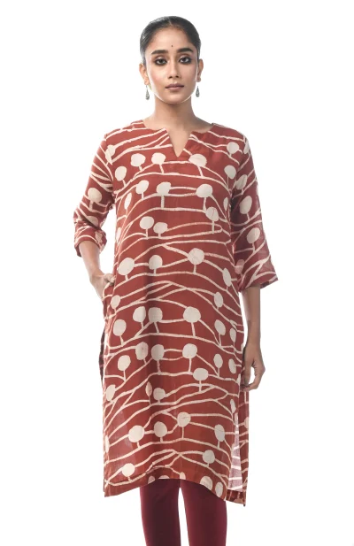 Batik Printed Cotton Excel Kameez  - Brown