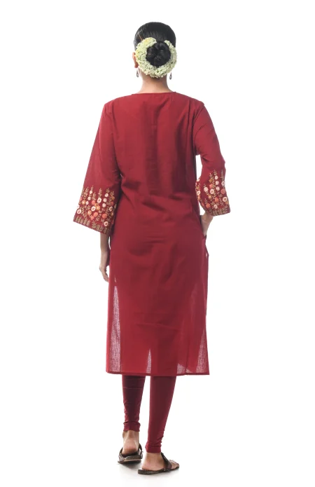 Cotton Embroidered Kameez - Maroon - Image 4