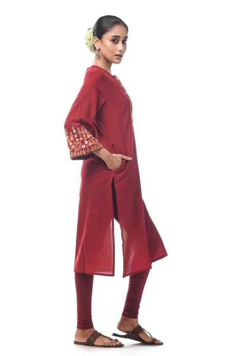 Cotton Embroidered Kameez - Maroon - Image 3