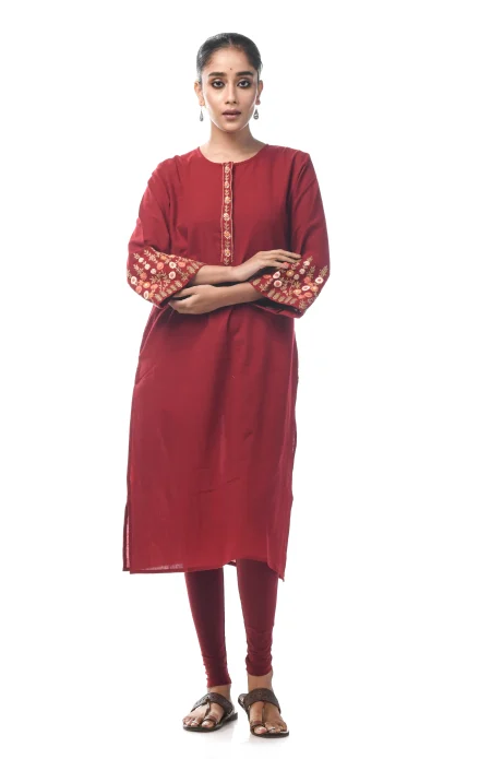 Cotton Embroidered Kameez - Maroon - Image 2