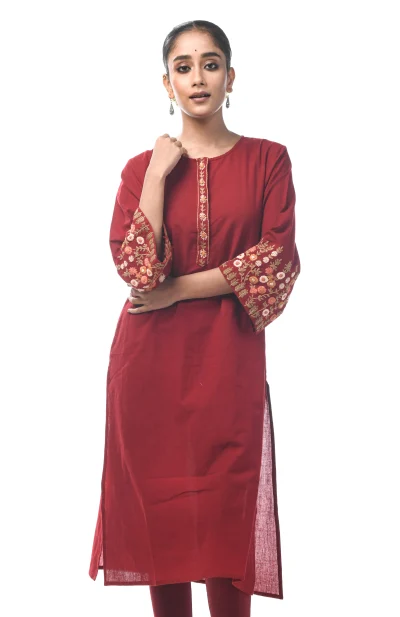 Cotton Embroidered Kameez - Maroon