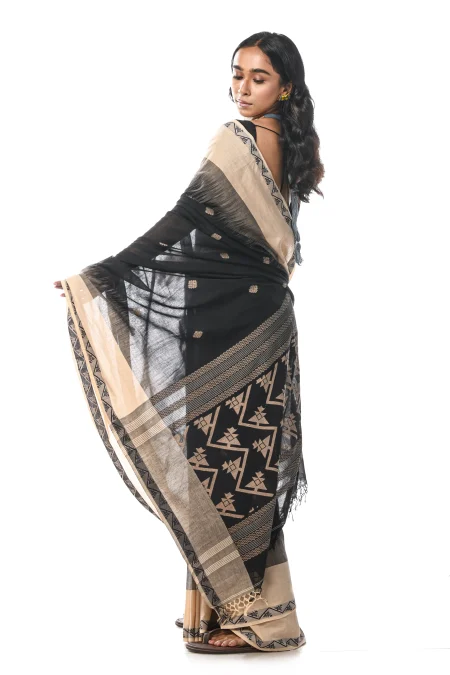Handwoven Tangail Cotton Saree - Black - Image 2