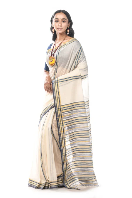 Handwoven Tangail Cotton Saree - White - Image 3