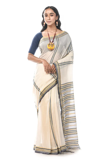 Handwoven Tangail Cotton Saree - White - Image 4