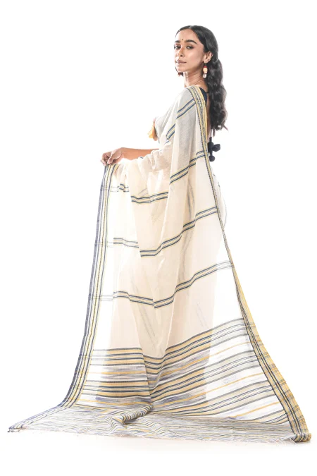 Handwoven Tangail Cotton Saree - White - Image 2