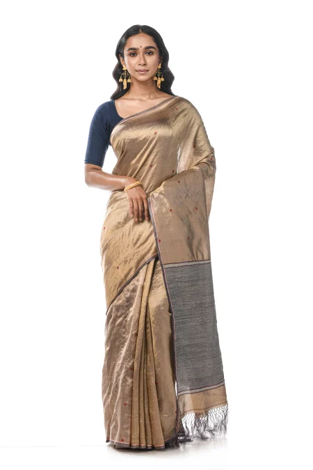Tangail Tussar Silk Saree - Baige - Image 3