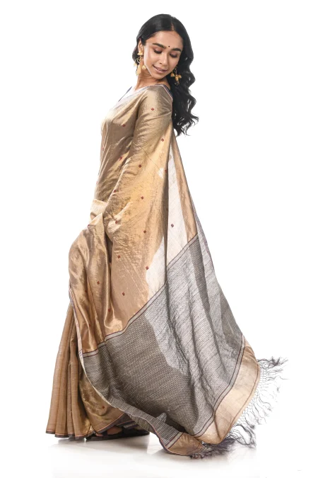 Tangail Tussar Silk Saree - Baige - Image 4