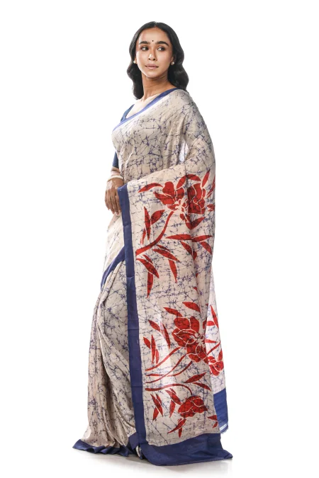 Batik Silk Saree - White - Image 3