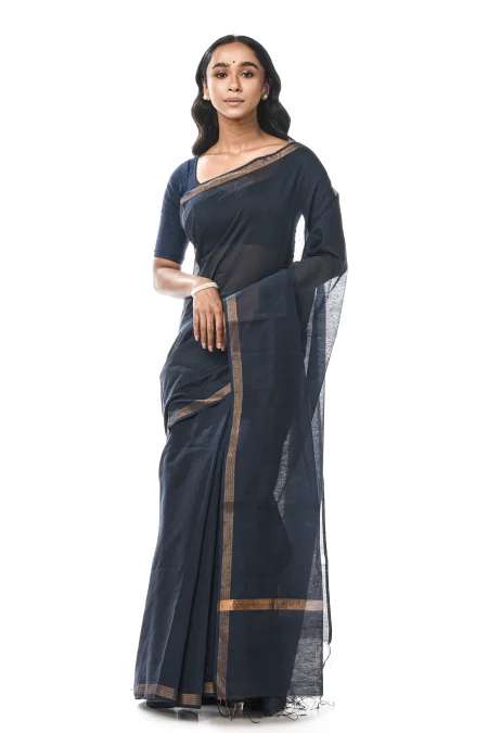 Tangail Silk Saree - Navy Blue - Image 2