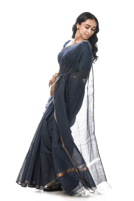 Tangail Silk Saree - Navy Blue - Image 4