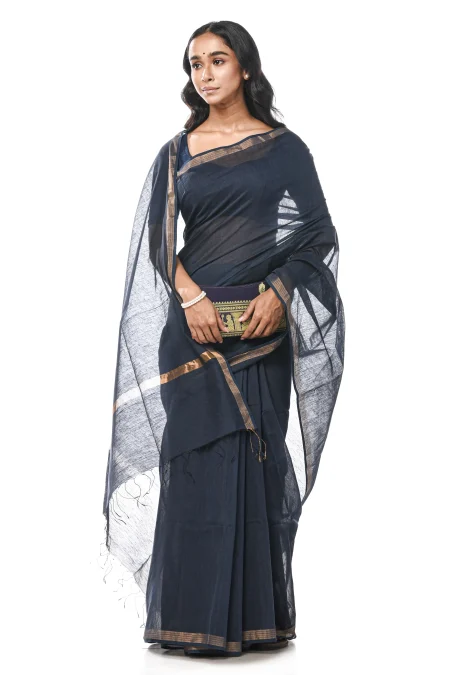Tangail Silk Saree - Navy Blue - Image 3