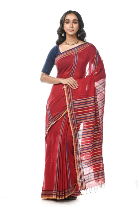 Handwoven Tangail Cotton Saree - Maroon - Image 3