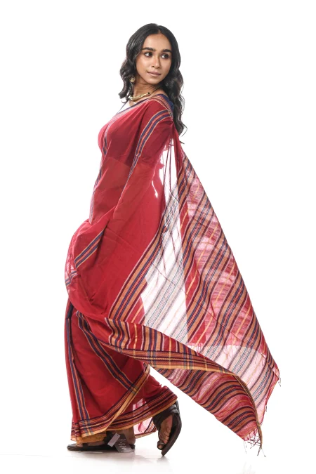 Handwoven Tangail Cotton Saree - Maroon - Image 2